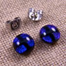 DICHROIC Earrings Cobalt Blue on Black Square Dots Patterned Post 1/4" 7mm STUDS
