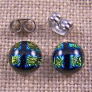 DICHROIC Earrings Gold Green Black Square Dots Patterned Post 1/4" 7mm STUDS