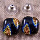 Dichroic Glass Earrings 1/2" Copper Orange Black Flames 12mm Post Stud or Clip