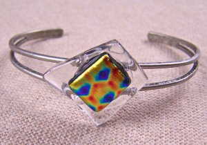 Dichroic Cuff Bracelet ADJUSTABLE Gold Orange Rust Blue Halo Dots GLASS 2cm 3/4"