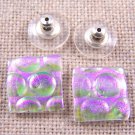 DICHROIC Post EARRINGS 1/2" 12mm Clear Opal Lavender PINK Dots Fused GLASS STUD