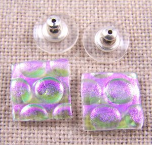 DICHROIC Post EARRINGS 1/2" 12mm Clear Opal Lavender PINK Dots Fused GLASS STUD