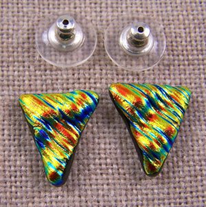 DICHROIC Post EARRINGS 1/2" 12mm Copper GOLD Golden Ripple Triangles GLASS STUD