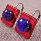 DICHROIC Earrings Ruby Red Square Cobalt Blue Dot Euro Lever Dangle 1/2" 12mm