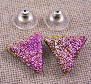 DICHROIC Post EARRINGS 5/8" 2cm Pink Magenta Golden Crinkle Triangle GLASS STUD
