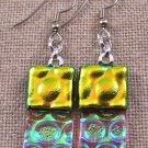 DICHROIC Glass EARRINGS Yellow Gold & Clear Rectangle Bubbles Dangle Surgical 1"