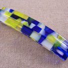 Hair BARRETTE Fused Stained GLASS 3.5" 9cm WHITE Blue Yellow Abstract Confetti
