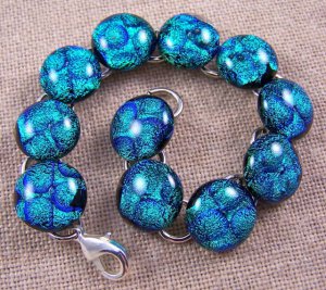 DICHROIC Link Bracelet Teal Green Blue Bubbles Texture Fused Glass .5" X 7.5"