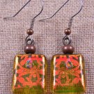 DICHROIC Glass EARRINGS Copper Orange Patterned Transparent Dangle Surgical 3/4"