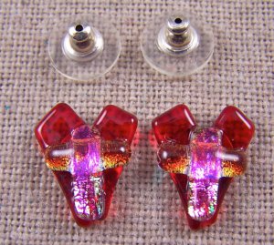 DICHROIC Post EARRINGS Heart & Cross Ruby Red Opal Pink Golden Copper GLASS STUD