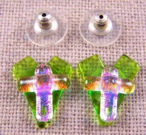 DICHROIC Post EARRINGS Heart & Cross Green Opal Pink Golden Copper GLASS STUD