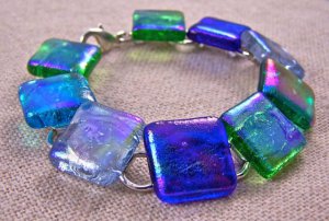 DICHROIC Link Bracelet Purple Blue Rainbow Fused Glass Big Squares 5/8" x 7.5"