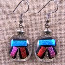 DICHROIC Glass EARRINGS Orange Pink Blue Stripes over Clear Dangle Surgical 3/4"