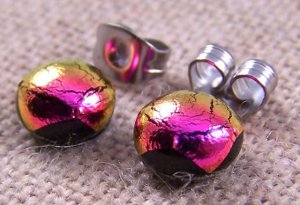 Tiny DICHROIC Post EARRINGS 1/4" 7mm Fuchsia PINK Magenta Fused GLASS STUDS
