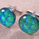 Cuff Links DICHROIC Fused GLASS Lime Green Gold Bubbles Round Formal Wear Men