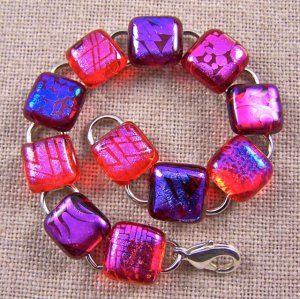 DICHROIC Link Bracelet Red Orange Purple Patterned Clear Fused Glass .5" X 7.5"