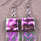 DICHROIC Glass EARRINGS Rose Pink & Clear Rectangle Bubbles Dangle Surgical 1"