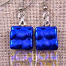 DICHROIC Glass EARRINGS Navy Blue & Clear Rectangle Bubbles Dangle Surgical 1"