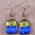 DICHROIC Glass EARRINGS Gold Turquoise Textured Dot Stripes Dangle Surgical 3/4"