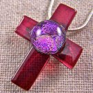 Cross PIN PENDANT Fused Glass Cranberry Red Cathedral & Magenta Pink Dichroic