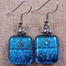 DICHROIC Glass EARRINGS Teal Blue & Green Layered Square Dangle Surgical .75"