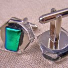DICHROIC Fused GLASS Cuff Links Emerald Green on Clear Shards Formal Wear Men