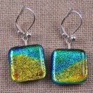 DICHROIC Earrings Gold Yellow Teal Blue TIE DYE Eurowire Lever Dangle 5/8" 16mm