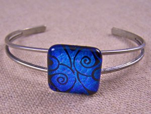 Dichroic Cuff Bracelet ADJUSTABLE Teal Blue Spirals Coils Fused GLASS 3/4" 20mm
