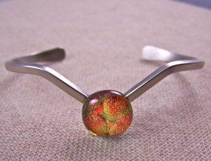 Dichroic V Cuff Bracelet ADJUSTABLE Copper Orange Bubbles Fused Glass 1/2" 12mm