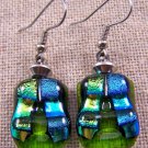 DICHROIC Glass EARRINGS Green Rectangle Teal Green Layers Dangle - Surgical .75"