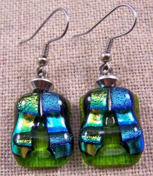DICHROIC Glass EARRINGS Green Rectangle Teal Green Layers Dangle - Surgical .75"