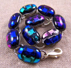 DICHROIC Link Bracelet Blue Pink Green Striped Texture Fused Glass .75" X 7.5"
