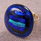 Cocktail Ring Adjustable DICHROIC Fused Glass 1" 25mm Cobalt Blue Bubble Stripes