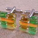 DICHROIC Fused GLASS Cuff Links Green Gold Square Clear Shards Formal Wear Men