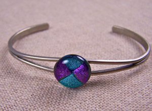 Dichroic Cuff Bracelet ADJUSTABLE Purple Teal Green Round Fused GLASS 1/2" 12mm
