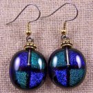 DICHROIC Glass EARRINGS Sapphire Blue w/ Cobalt Green Dots Dangle Surgical 3/4"