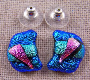 DICHROIC Post EARRINGS 1/2" 12mm Blue Green Pink Crinkle Wavy GLASS STUD