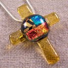 Cross PIN PENDANT Dichroic Fused Glass Golden Amber Orange Cyan Patchwork Nugget