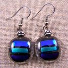 DICHROIC Glass EARRINGS Green Blue Grape Stripes over Clear Dangle Surgical 3/4"
