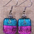 DICHROIC Glass EARRINGS Magenta Pink & Teal Green Layered Dangles Surgical 3/4"