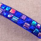 Dichroic Hair Barrette 3.5" 9cm Cobalt Blue Fused Glass Textured Rainbow Squares