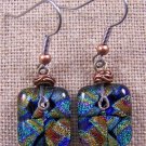 DICHROIC Earrings Green Teal Bronze TIE DYE Surgical French Wire Dangle 5/8"