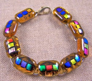 DICHROIC Link Bracelet AMBER Rainbow Multicolored Fused Glass Dots 1/2" x 7.5"