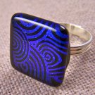 Cocktail Ring Adjustable DICHROIC Fused Glass 3/4" 2cm Cobalt Blue Spirals Coil
