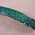 Dichroic Hair Barrette 3.5" 9cm Green Black Geometric Flakes Pattern Fused Glass