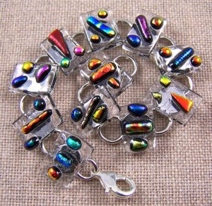 DICHROIC Link Bracelet Bright Rainbow Shards Texture Over Clear Fused Glass .75"