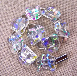 DICHROIC Link Bracelet Clear Rainbow Layered Stripe Texture Fused Glass .75"