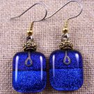 DICHROIC Glass EARRINGS Cobalt Indigo Blue Layered Square Dangle Surgical .75"