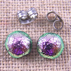 Tiny DICHROIC Post EARRINGS 1/4" 7mm Pastel Rose Metallic PINK Fused GLASS STUD