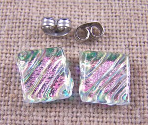 DICHROIC Post EARRINGS 1/3" 1cm Clear Opal Pink Magenta Ripple Fused GLASS STUDS